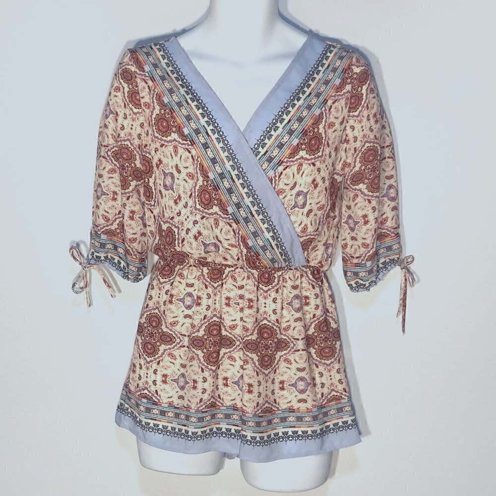 Rue 21 SZ XS wrap front 3/4 sleeve batik print romper